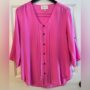 YUMI KIM S Feminine Minimalist Preppy 100% Silk Pink Button Blouse 3/4 Sleeve
